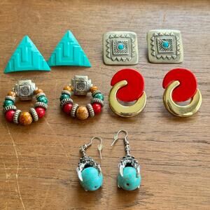 Lot of 5 Vintage 80s Colorful Southwestern, Turquoise, and Geometric Earrings